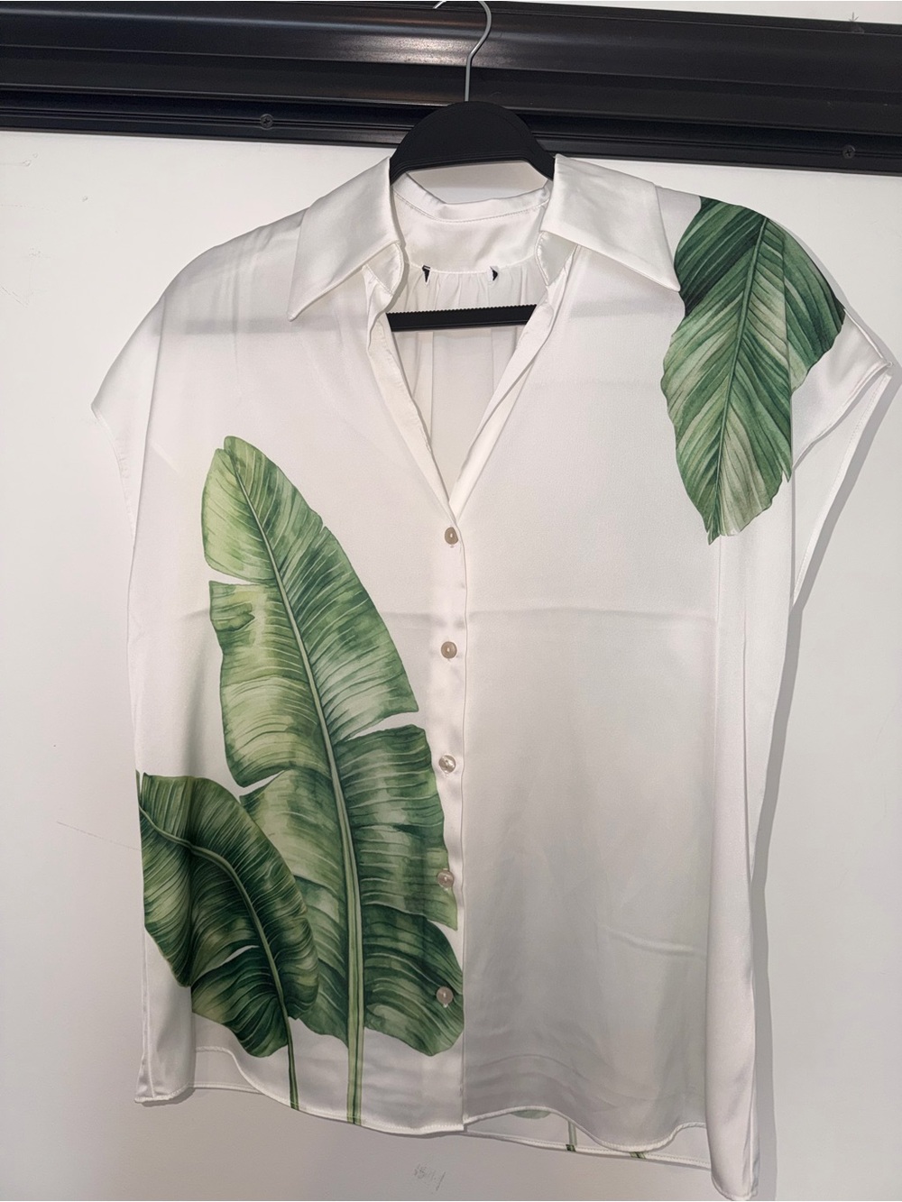 White Button-Front Shirt with Green Leaf Print